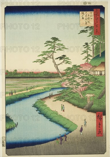 Basho's Hut on Camellia Hill Beside the Aquaduct at Sekiguchi (Sekiguchi josui-bata..., 1857. Creator: Ando Hiroshige.