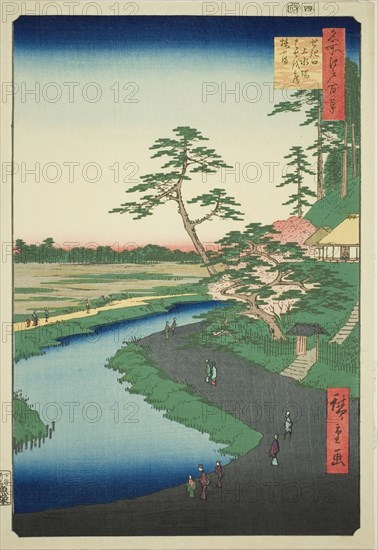 Basho's Hut on Camellia Hill Beside the Aquaduct at Sekiguchi (Sekiguchi josui-bata..., 1857. Creator: Ando Hiroshige.