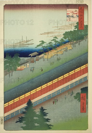 The Hall of Thirty-three Bays at Fukagawa (Fukagawa Sanjusangendo), from the series..., 1857. Creator: Ando Hiroshige.