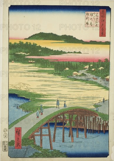 Sugatami Bridge, Omokage Bridge and the Gravel Pit at Takata (Takata Sugataminohashi Omoka..., 1857. Creator: Ando Hiroshige.