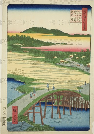 Sugatami Bridge, Omokage Bridge and the Gravel Pit at Takata (Takata Sugataminohashi Omoka..., 1857. Creator: Ando Hiroshige.