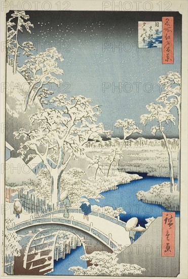 Drum Bridge and Yuhi Hill at Meguro (Meguro Taikobashi Yuhi-no-oka), from the series..., 1857. Creator: Ando Hiroshige.