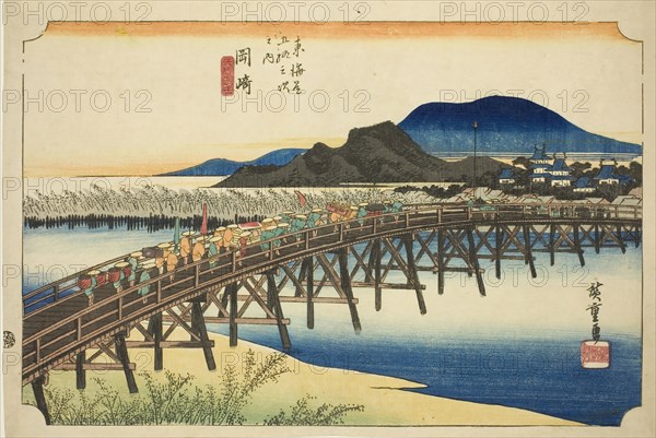 Okazaki: Yahagi Bridge (Okazaki, Yahagi no hashi), from the series "Fifty-three..., c. 1833/34. Creator: Ando Hiroshige.