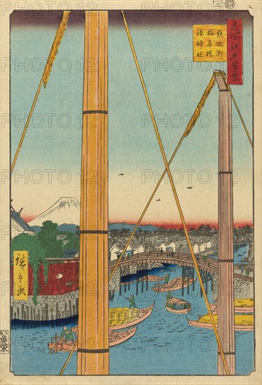 Inari Bridge and Minato Shrine, Teppozu (Teppozu Inaribashi Minato Jinja), from the series..., 1857. Creator: Ando Hiroshige.