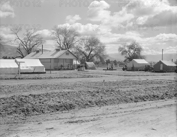 Kern County camp for migrants, fifteen miles out of Bakersfield, California, 1936. Creator: Dorothea Lange.