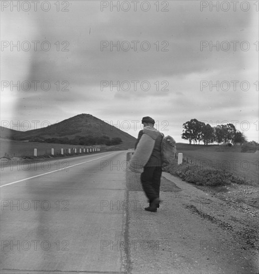 The trek of bums, tramps, single transients, and undesirable indigents..., California, 1936. Creator: Dorothea Lange.