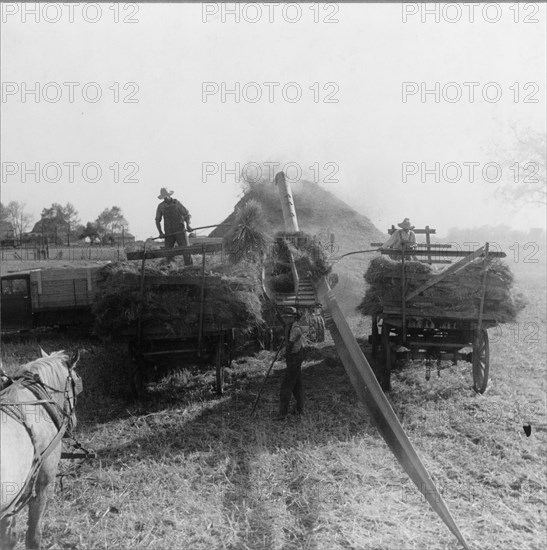 The threshing of oats, Clayton, Indiana, south of Indianapolis, 1936. Creator: Dorothea Lange.