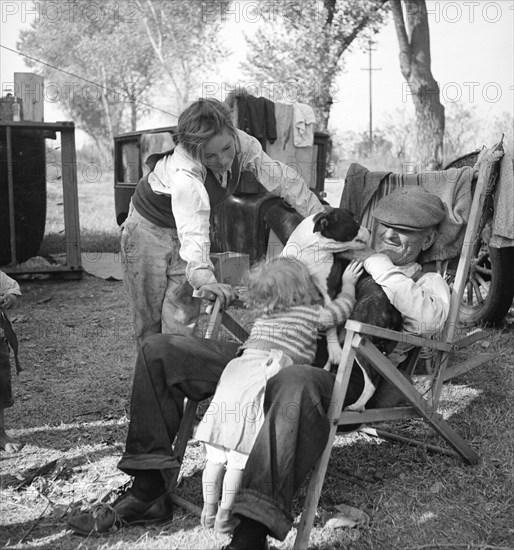 Destitute family, American River camp, Sacramento, California., 1936. Creator: Dorothea Lange.