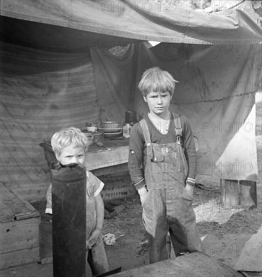 Children of destitute family, American River camp, near Sacramento, California, 1936. Creator: Dorothea Lange.