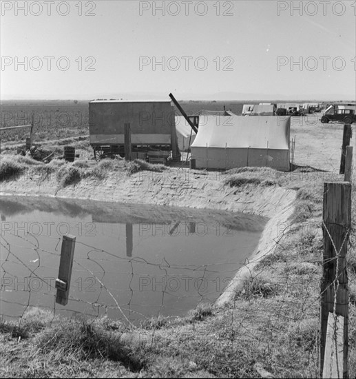 Ditch bank camp for migrant agricultural workers, California, 1937. Creator: Dorothea Lange.