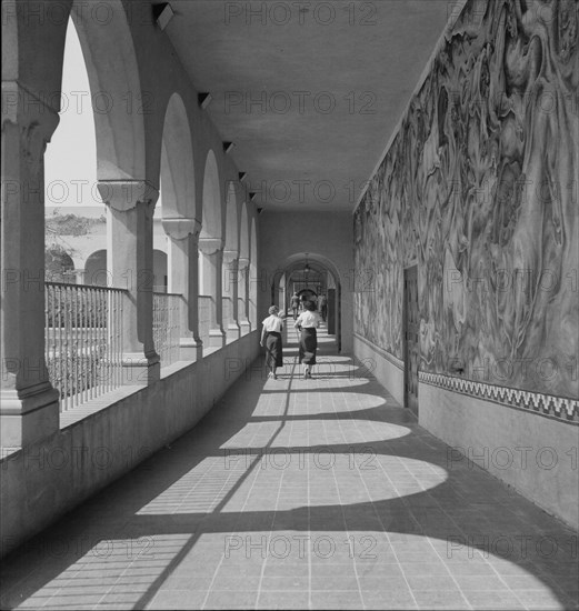 High school showing part of Federal Art Project mural decoration, Fullerton, California, 1937. Creator: Dorothea Lange.