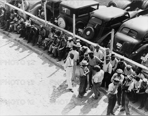 Part of the daily lineup outside the State Employment Service OfficeMemphis, Tennessee, 1938. Creator: Dorothea Lange.