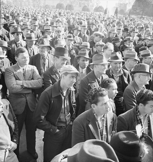 Listening to speeches at mass meeting of WPA workers protesting..., San Francisco, California, 1939. Creator: Dorothea Lange.
