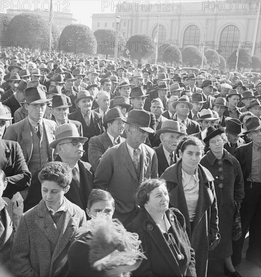 Listening to speeches at mass meeting of WPA workers..., San Francisco, California, 1939. Creator: Dorothea Lange.