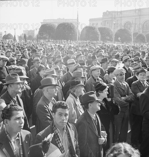 Listening to speeches at mass meeting of WPA workers..., San Francisco, California, 1939. Creator: Dorothea Lange.