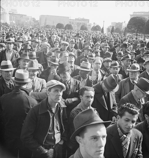 Listening to speeches at mass meeting of WPA workers protesting..., San Francisco, California, 1939. Creator: Dorothea Lange.