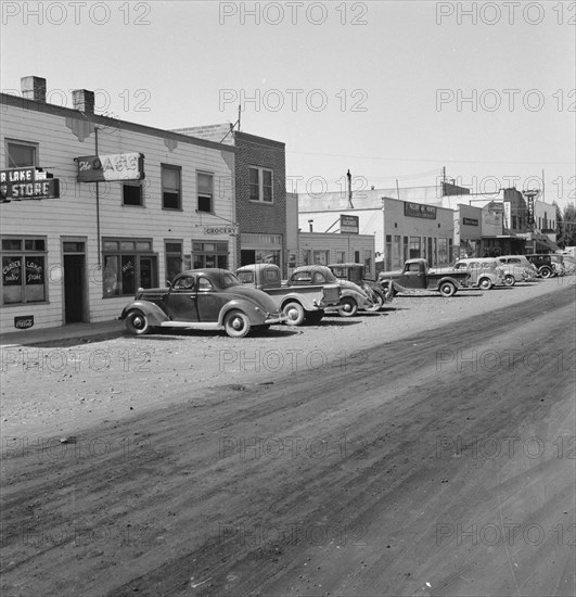Looking down main street of a frontier town..., Tulelake, Siskiyou County, California, 1939. Creator: Dorothea Lange.