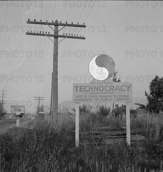 New sign, erected seven years after Howard Scott talked of a... Josephine County, Oregon, 1939. Creator: Dorothea Lange.
