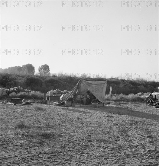 Young family on ditch bank, waiting to enter... camp (FSA), Merrill, Klamath County, Oregon, 1939. Creator: Dorothea Lange.