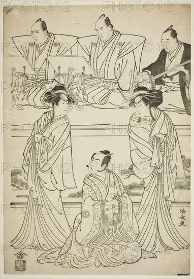 The Actors Segawa Kikunojo III as the ghost of Yatsuhashi, Sawamura Sojuro III as Soga no ..., 1783. Creator: Torii Kiyonaga.