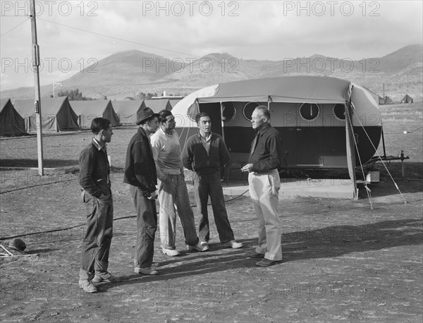 Four young migratory potato pickers..., FSA camp, Merrill, Klamath County, Oregon, 1939. Creator: Dorothea Lange.