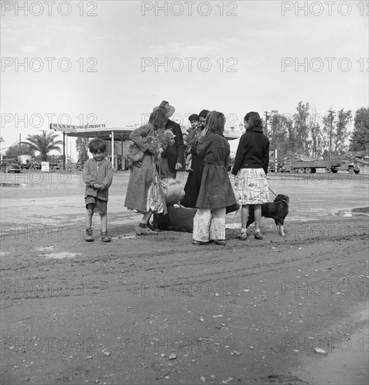 Family of homeless, walking people are left at the edge of the next town, 1939. Creator: Dorothea Lange.