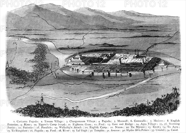 Perspective Plan of Seringapatam, Indicating Severally The British Positions in 1792 and 1799', c189 Creator: James Grant.