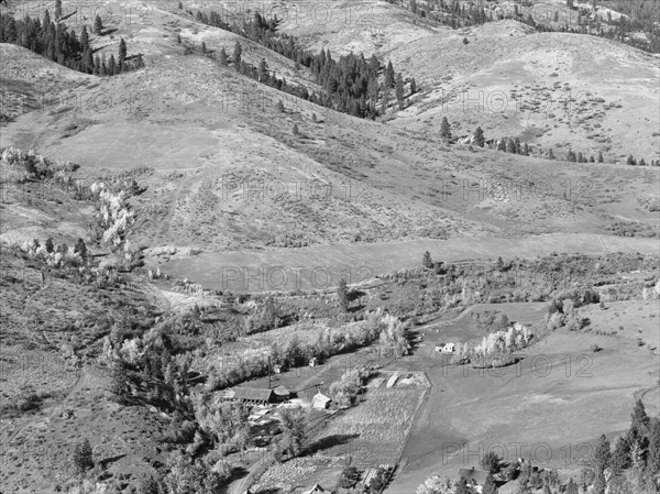 Looking down on Ola self-help co-op mill showing the upper end of Squaw..., Gem County, Idaho, 1939. Creator: Dorothea Lange.