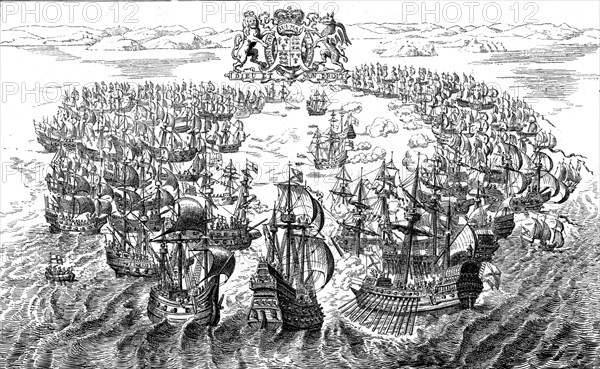 ''Engagement between the English and Spanish Fleets off the Isle of Wight, 1588, after a Tapestry in Creator: Unknown.