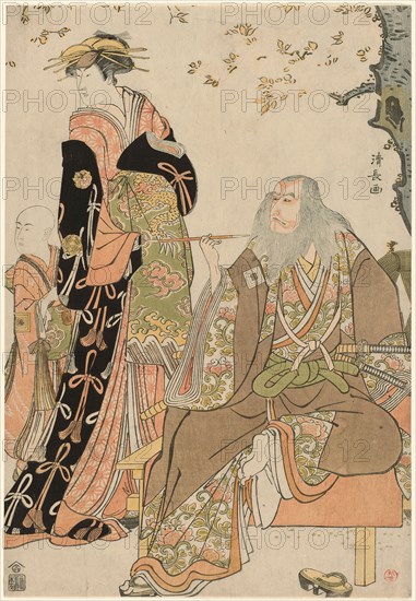 The Actors Ichikawa Danjuro V as Hige no Ikyu, Nakamura Riko as Agemaki, and Ichikawa Ebiz..., 1784. Creator: Torii Kiyonaga.