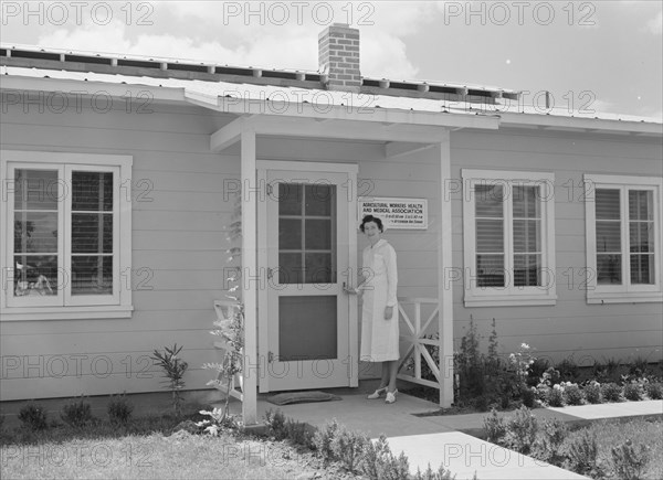 Resident nurse and clinic, FSA camp, Farmersville, Tulare County, California, 1939. Creator: Dorothea Lange.