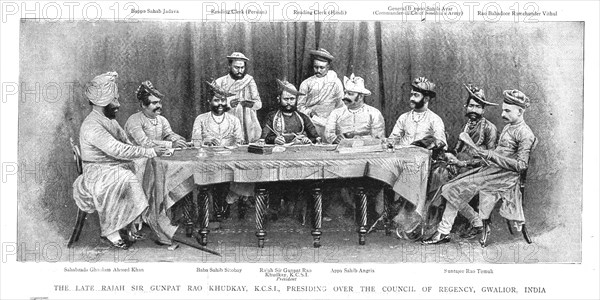 ''The Late Rajah Sir Gunpat Rao Khudkay K.C.S.I., Presiding over the Council of Regency, Gwalior, In Creator: Unknown.