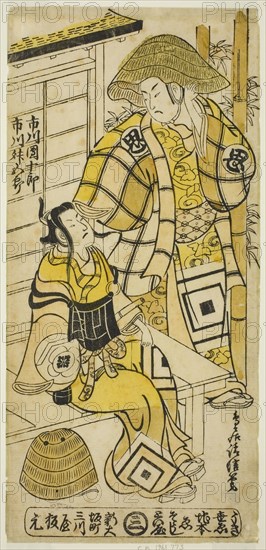 The Actors Ichikawa Danjuro II as Onio Shinzaemon and Ichikawa Masugoro as Soga no Goro in..., 1735. Creator: Torii Kiyonobu II.