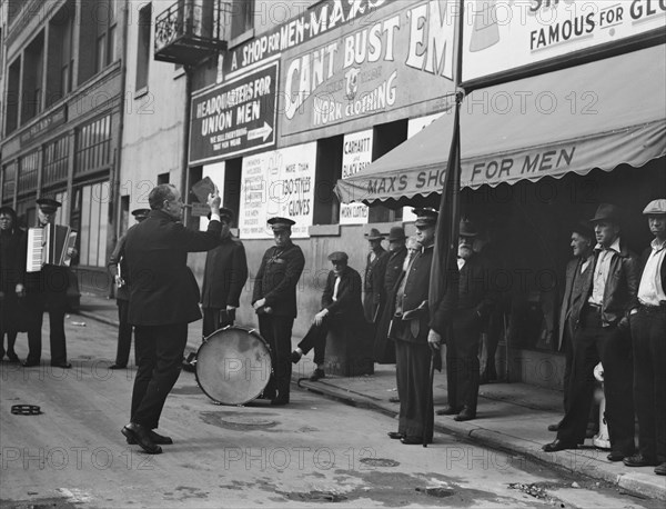 Preaching to the crowd, Salvation Army, San Francisco, California, 1939. Creator: Dorothea Lange.