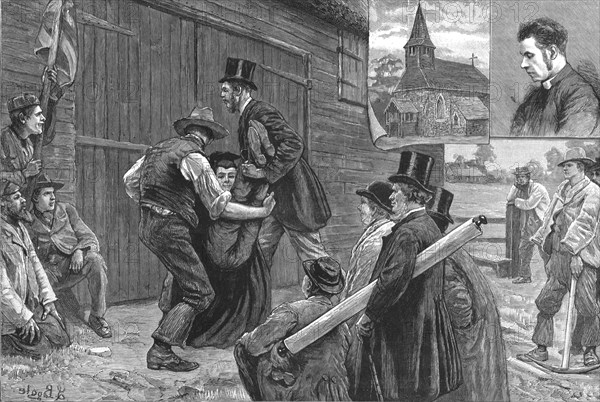 ''Beating the Bounderies; Bumping the Vicar against a Barn Door, Bisley, Woking Surrey'', 1888. Creator: Unknown.