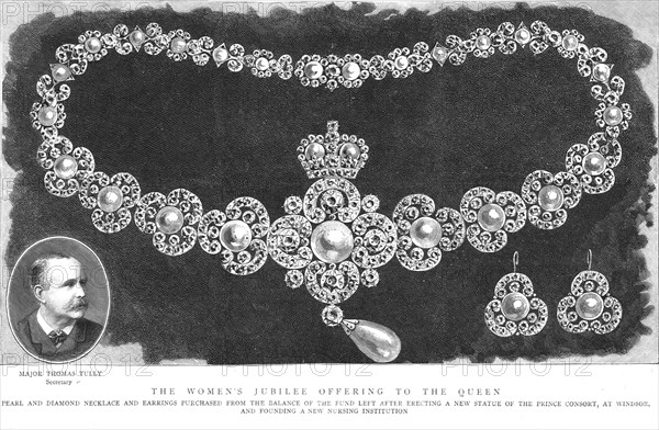 ''The Women's Jubilee offering to the Queen, Pearl and Diamond Necklace and Earrings', 1888. Creator: Unknown.