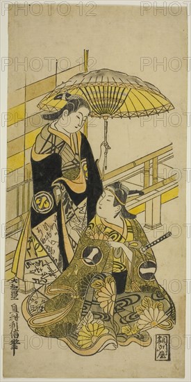 The Actors Ichikawa Monnosuke I as Kusunoki Masatsura and Arashi Wakano as Oyuki in the pl..., 1723. Creator: Okumura Toshinobu.
