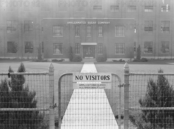 Entrance to Amalgamated Sugar Company factory at opening..., Nyssa, Malheur County, Oregon, 1939. Creator: Dorothea Lange.