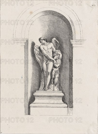 Standing male angel looking down to left and holding a ram; a..., possibly mid to late 18th century. Creator: Anon.