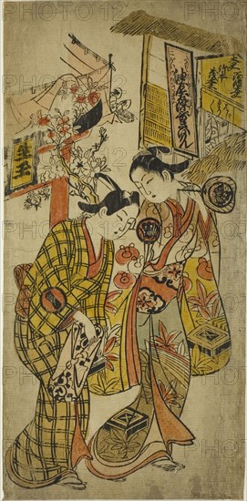 The Actors Sanjo Kantaro II as Osome and Ichikawa Monnosuke as Hisamatsu in the play..., c. 1720. Creator: Okumura Masanobu.