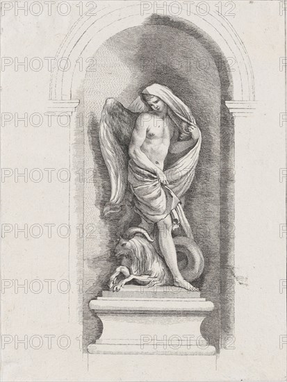 Standing male angel holding drapery and standing over a ram; ..., possibly mid to late 18th century. Creator: Anon.