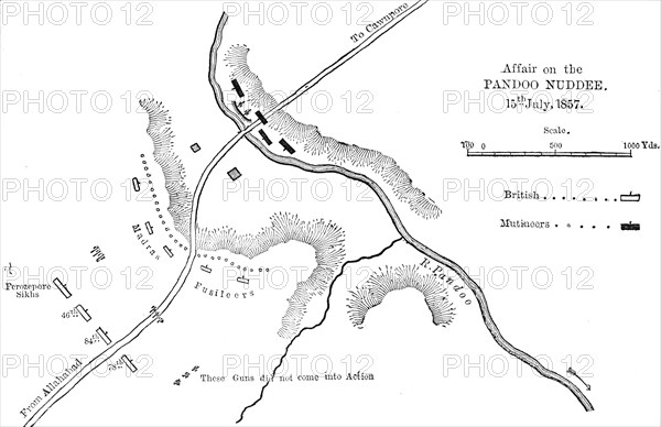 'Plan of the Affair at Pandoo Nuddee', c1891. Creator: James Grant.