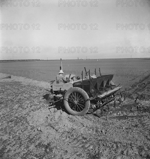 Large-scale, mechanized farming - potato planter, Kern County, California, 1939. Creator: Dorothea Lange.