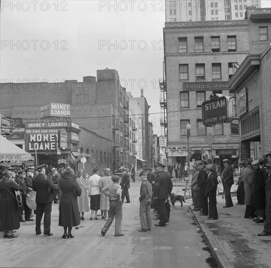 General view of army and crowds, Salvation Army, San Francisco, California, 1939. Creator: Dorothea Lange.