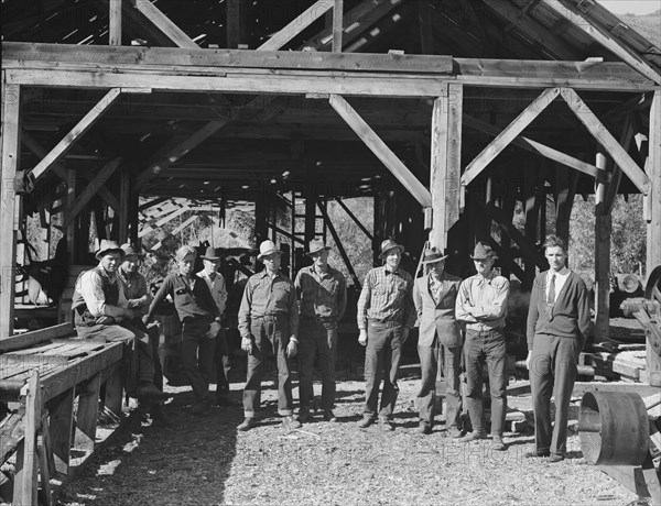 Men working in mill, Ola self-help sawmill co-op, Gem County, Idaho, 1939. Creator: Dorothea Lange.