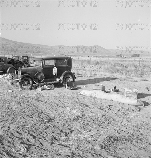 Potato workers camp, no tents, waiting for..., Outskirts of Merrill, Klamath County, Oregon, 1939. Creator: Dorothea Lange.