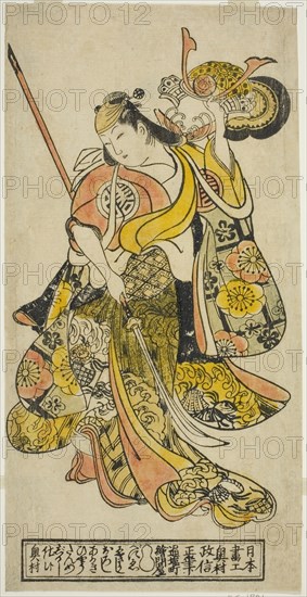 The Actor Hayakawa Shinkatsu as Toyohime in the play "Goshozome Koyo Gunki," performed ..., c. 1727. Creator: Okumura Masanobu.