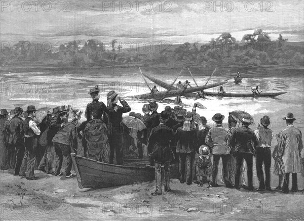 ''An obstacle race in canoes, near Auckland, New Zealand', 1888. Creator: Unknown.