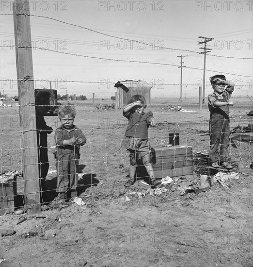 Living conditions for migratory children...during pea harvest, Outskirts of Calipatria, CA, 1939. Creator: Dorothea Lange.