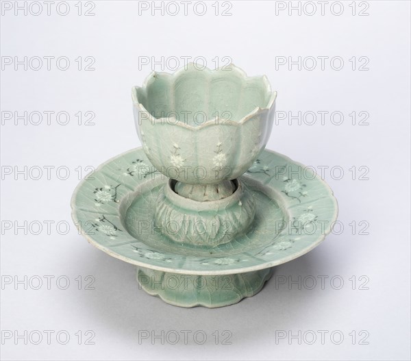 Lobed Cup and Stand with Chrysanthemum Flower Heads, Floral Sprays, and Fish Amid..., 12th/13th cent Creator: Unknown.